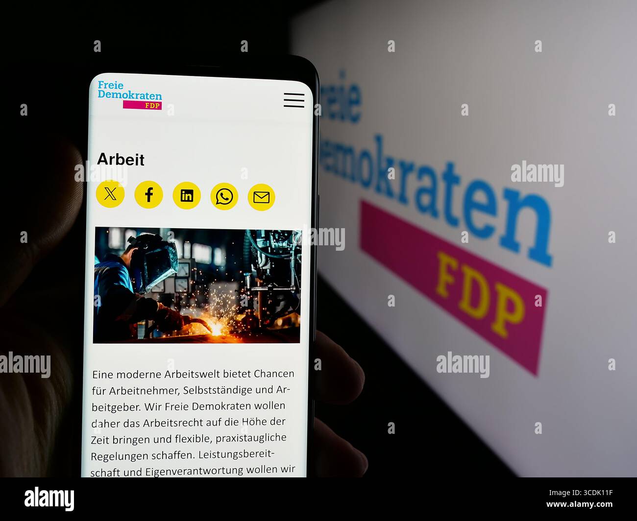 Stuttgart, Deutschland - 07-30-2025: Handybesitzer mit Webseite der Freien Demokratischen Partei (FDP) auf dem Bildschirm vor dem Logo. Stockfoto