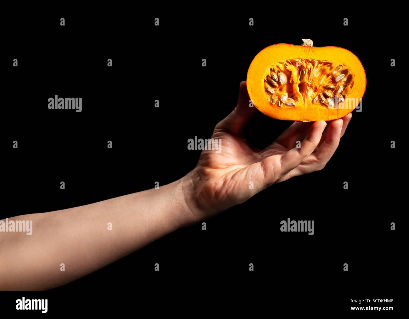 Geschnittener kuri-Kürbis in der Hand auf schwarzem Hintergrund Stockfoto
