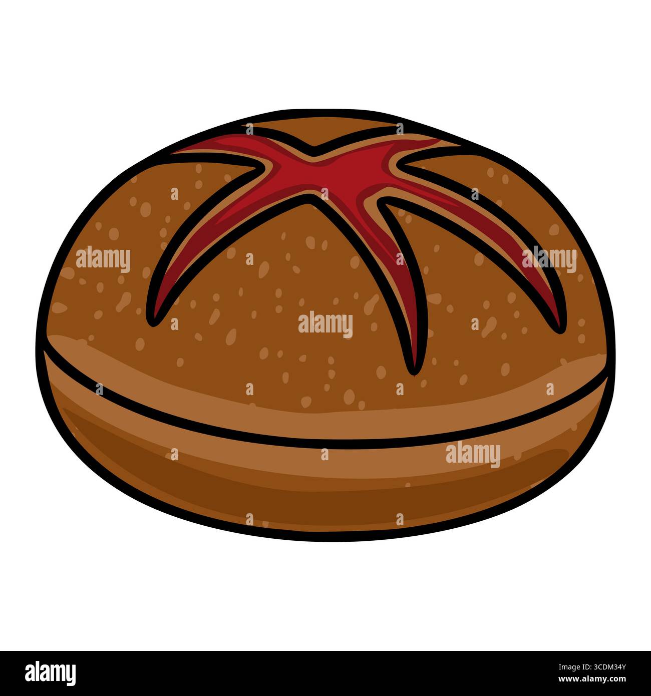 Eine Vektorillustration eines einzelnen, runden braunen Brötchens mit einer markanten roten sternförmigen Glasur, präsentiert im Cartoon-Stil mit einer strukturierten Oberfläche. Stock Vektor