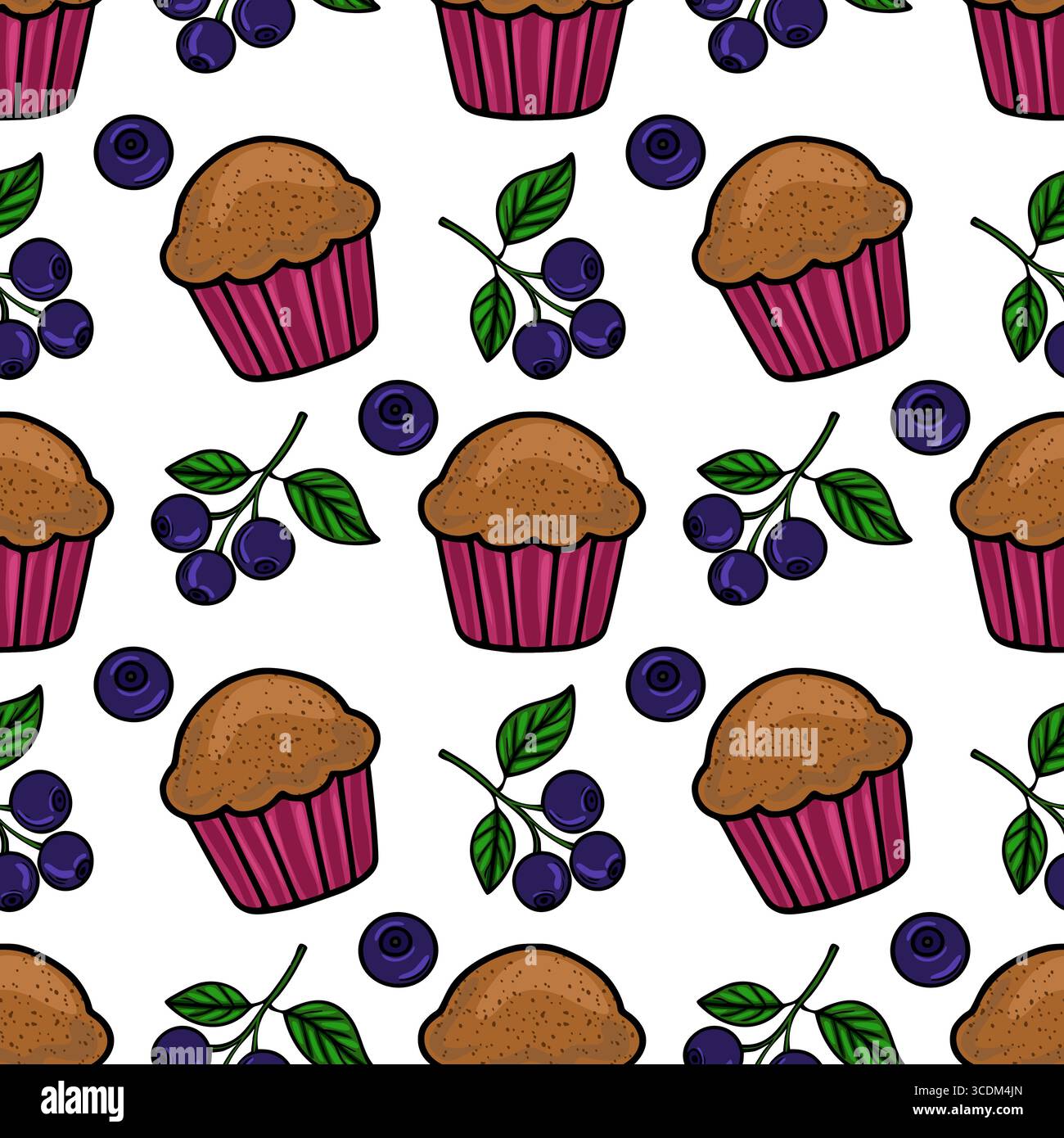 Nahtloses Vektormuster von köstlichen Schokoladen-Muffins und Heidelbeeren, eine entzückende Illustration für Bäckerei-Branding oder süßes Lebensmittelverpackungsdesign. Stock Vektor