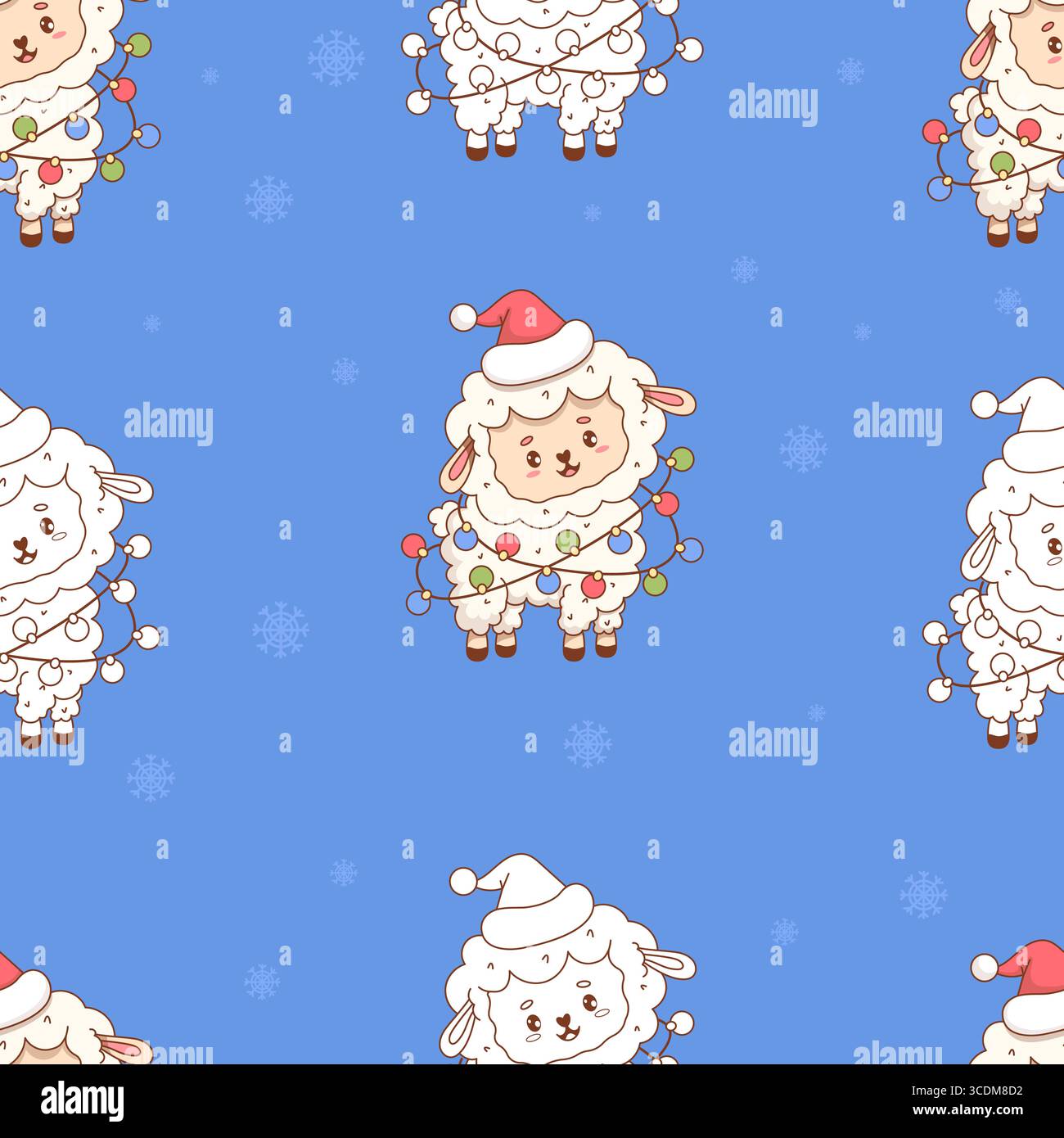 Nahtloses Muster niedliches Weihnachtsschaf im Weihnachtsmann-Hut mit festlicher Girlande auf blauem Hintergrund mit Schneeflocken. Bezaubernde Cartoon Neujahrsfarm Kawaii Anim Stock Vektor