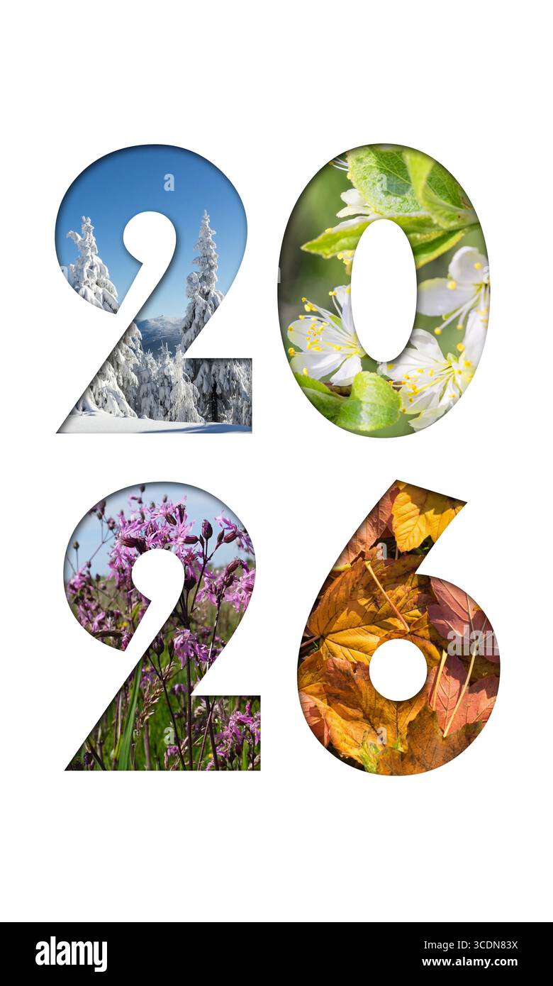 Nummer 2026 von Four Seasons Fotos für Kalender, Flyer, Poster, Postkarte, Banner. Vertikales Bild. Stockfoto