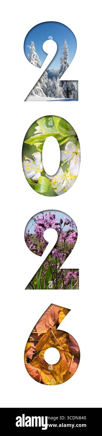 Nummer 2026 von Four Seasons Fotos für Kalender, Flyer, Poster, Postkarte, Banner. Vertikales Bild. Stockfoto