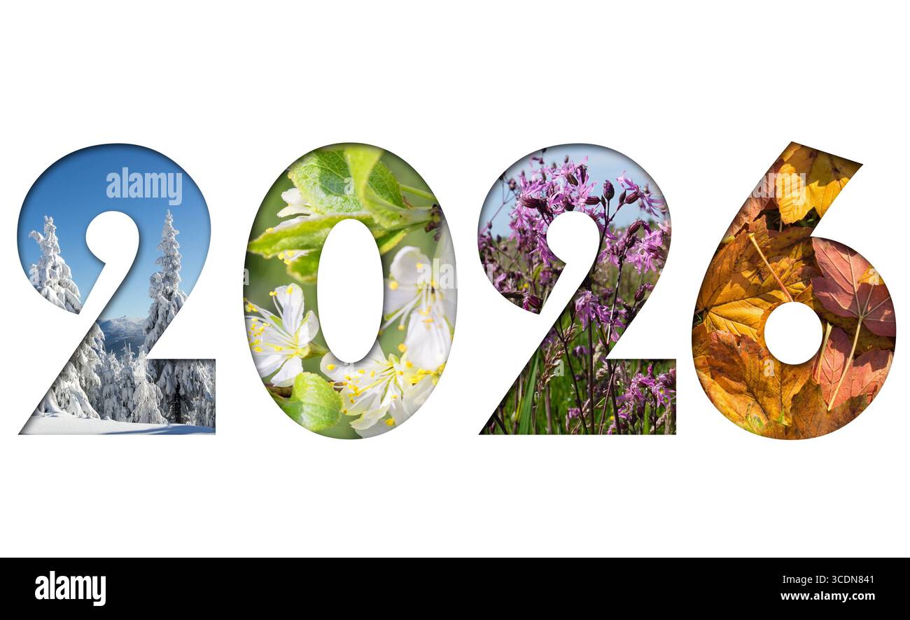 Nummer 2026 von Four Seasons Fotos für Kalender, Flyer, Poster, Postkarte, Banner Stockfoto
