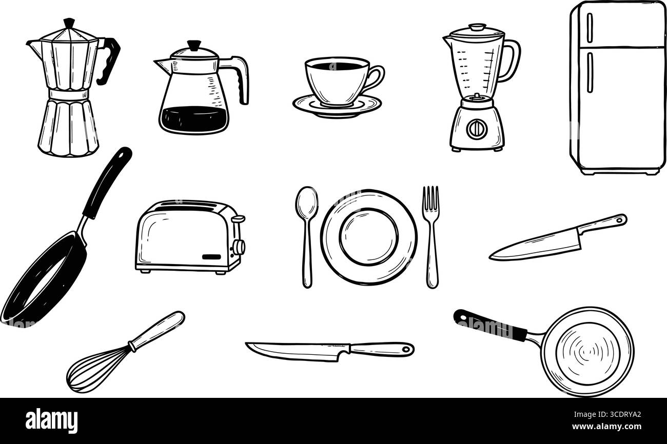 Küche Kaffeemischer Kühlschrank Toaster Messer Illustration mit fröhlichen Kochwerkzeugen und inspirierendem kulinarischen Kunstdesign Stock Vektor