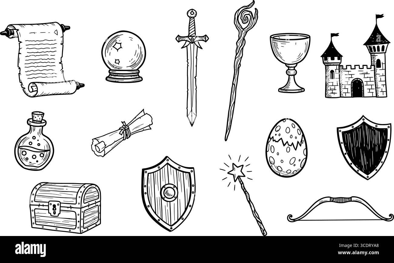 Zauberschwertschlossschild mit Scroll-Wand-Illustration mit bezauberndem Fantasy-Abenteuer und inspirierender mythischer Weltkunst Stock Vektor