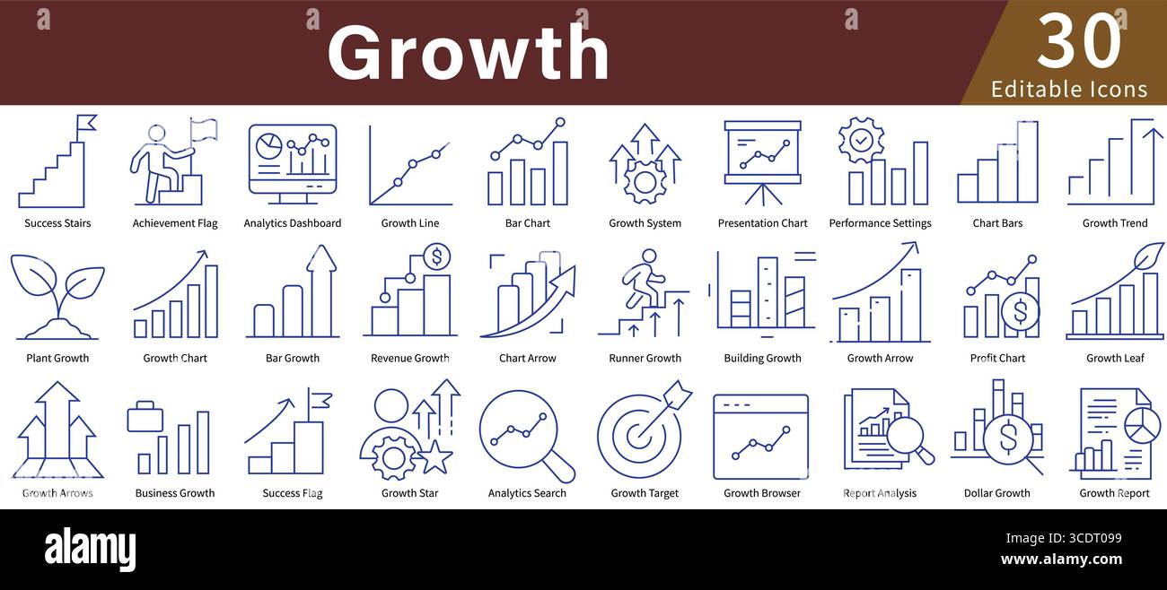 Symbol für Wachstum in Linienart mit editierbarem Vektor für Diagramme für Unternehmenserweiterung, Fortschritt, Erfolg und Entwicklung Stock Vektor