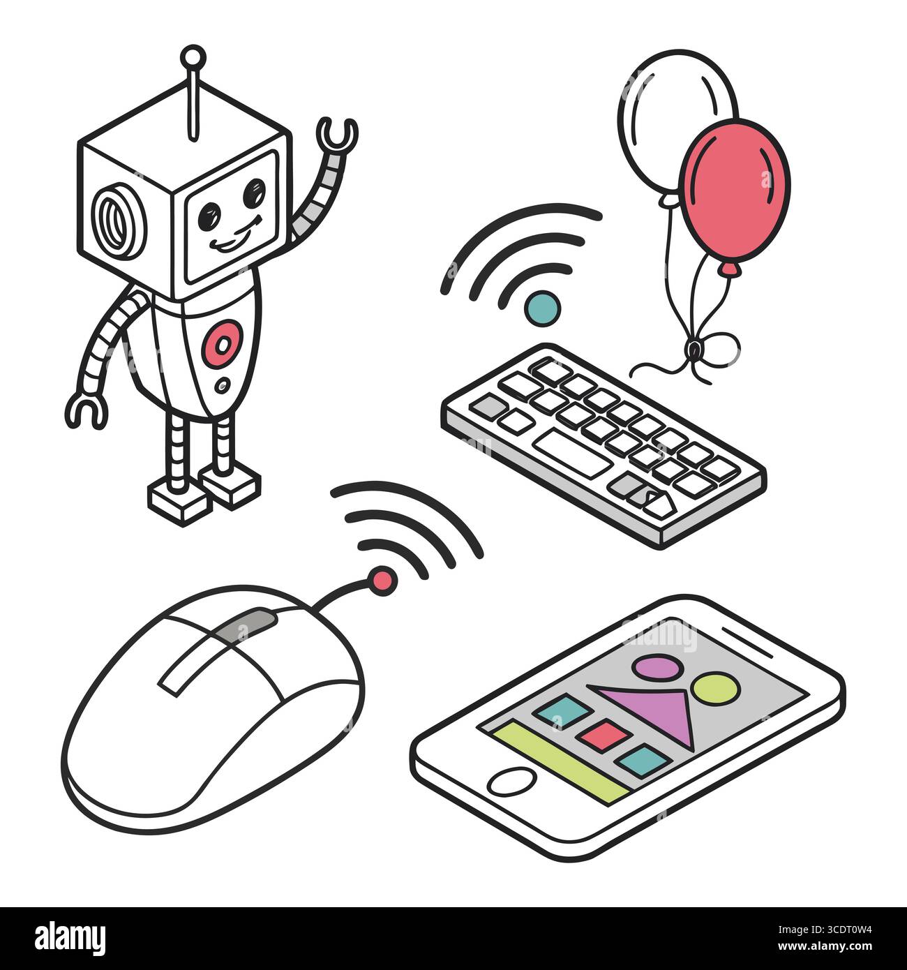 Verspielte Vektorgrafiken von Roboter, Tastatur, Maus, Smartphone und Ballons in einem lustigen Design Stock Vektor