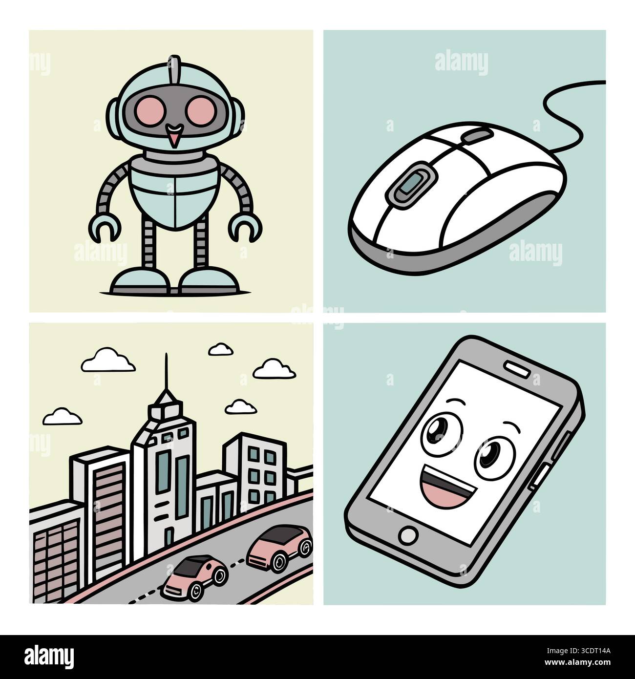 Vektorillustration eines fröhlichen Roboters, einer Computermaus, einer Stadtlandschaft und einem lächelnden Smartphone Stock Vektor