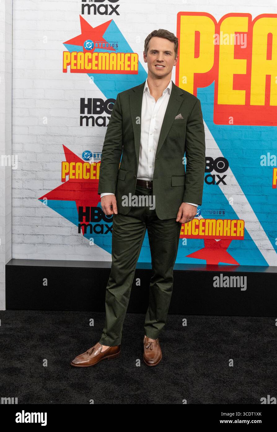 Freddie stroma besucht am 13. August 2025 die Premiere von HBO Max Peacemaker am AMC Lincoln Square in New York. Stockfoto