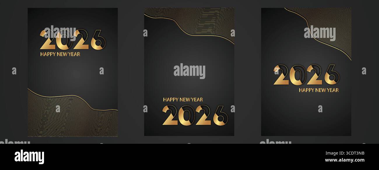 2026 Happy New Year-Karte in Schwarz und Gold mit modernem Wave Line-Hintergrund, Fettgoldener Typografie, minimalistischem Luxus-Celebration-Design. Stock Vektor