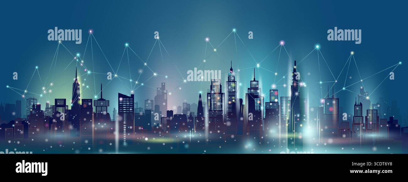 Smart City und drahtlose Kommunikationsnetzwerktechnologie in Downtown Wolkenkratzern auf blauem Hintergrund, moderne Smart City und Architektur futuristische Wanne Stock Vektor