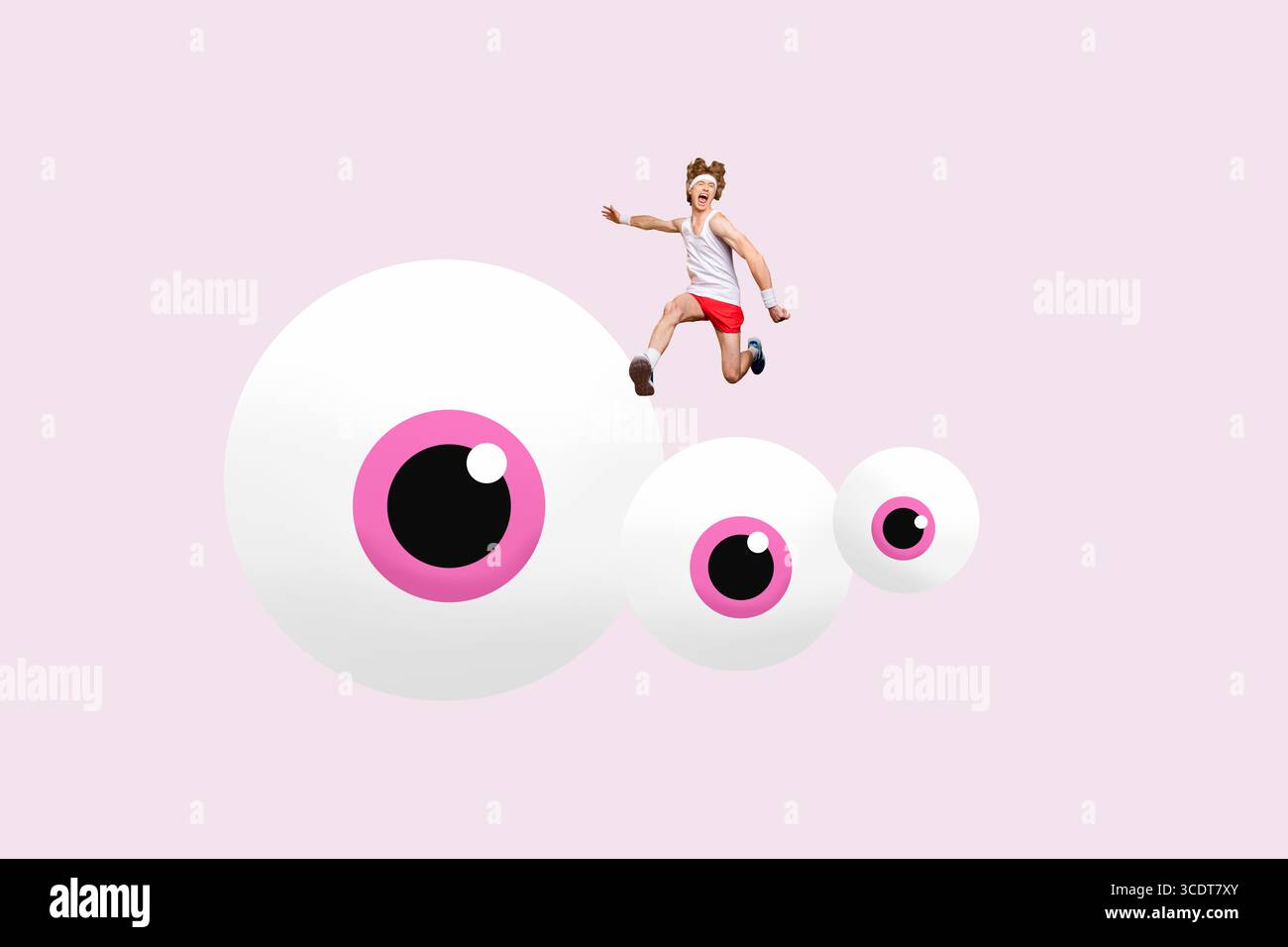 Composite Artwork Foto Collage Vorlage Skizze von jungen Sportlern laufen psychedelische Augen Sicherheitsblick sehen Spion sehen sehen Vision Überwachung Stockfoto