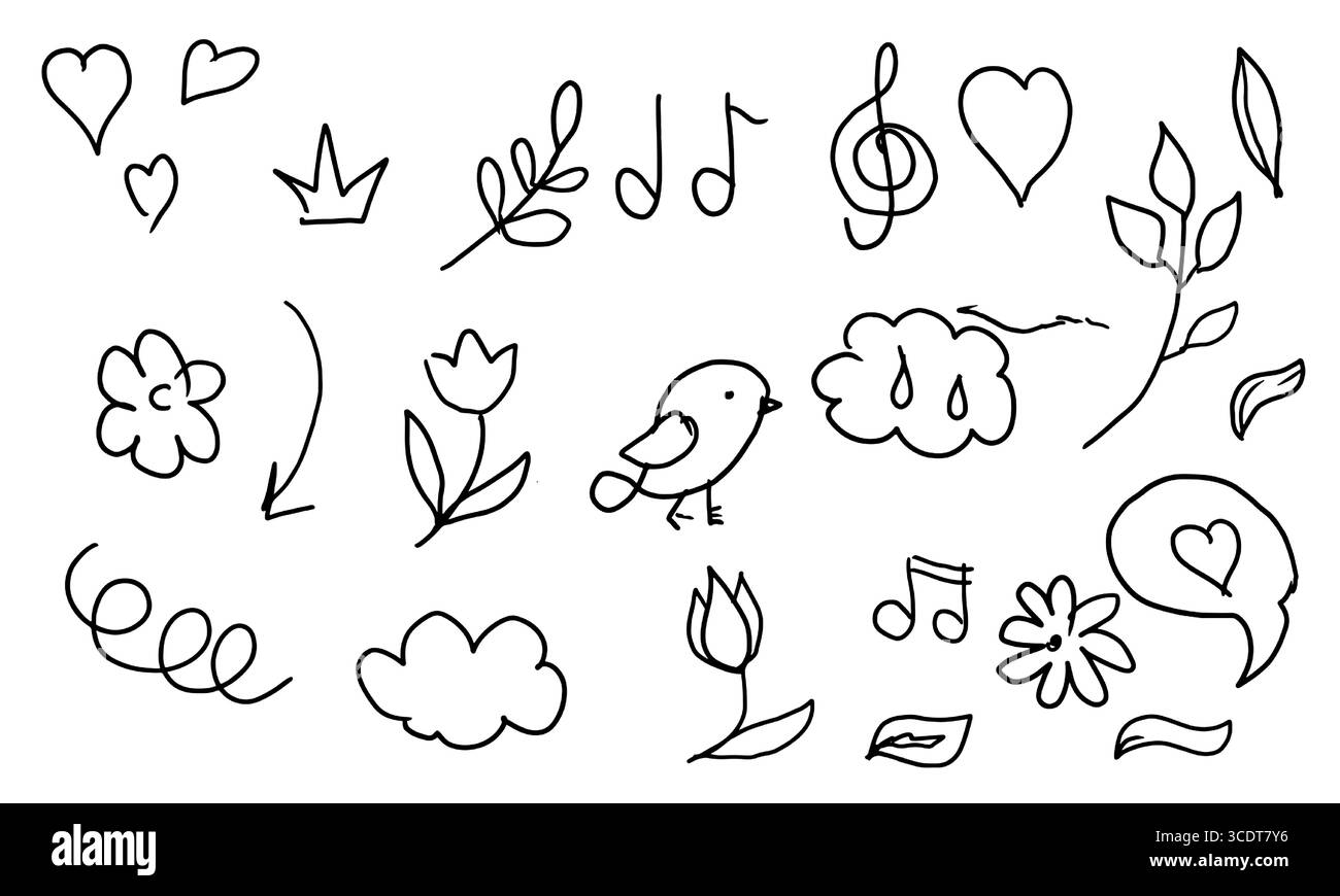 Eine Reihe von Elementen in Form einer Linie, Herzen, Blumen und Wolken, eine schwarz-weiße Skizze. Vektorabbildung. Die Zeichnung ist in einem einfachen Stil o Stock Vektor