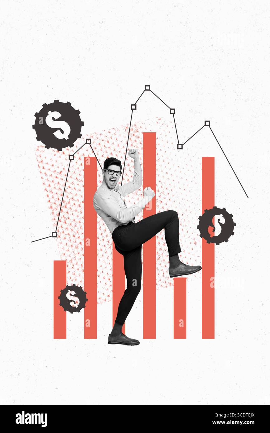 Skizzenbild 3D Popbanner Collage des glücklichen Geschäftsmannes erhalten Promotion Dollar Kapitaleinkommen Chart Entwicklung Sieg Stockfoto