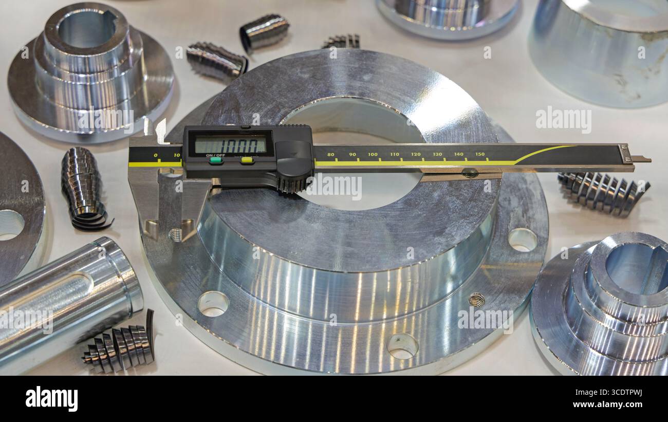Elektronisches digitales Messschieberwerkzeug bei Steel Metal Parts Stockfoto