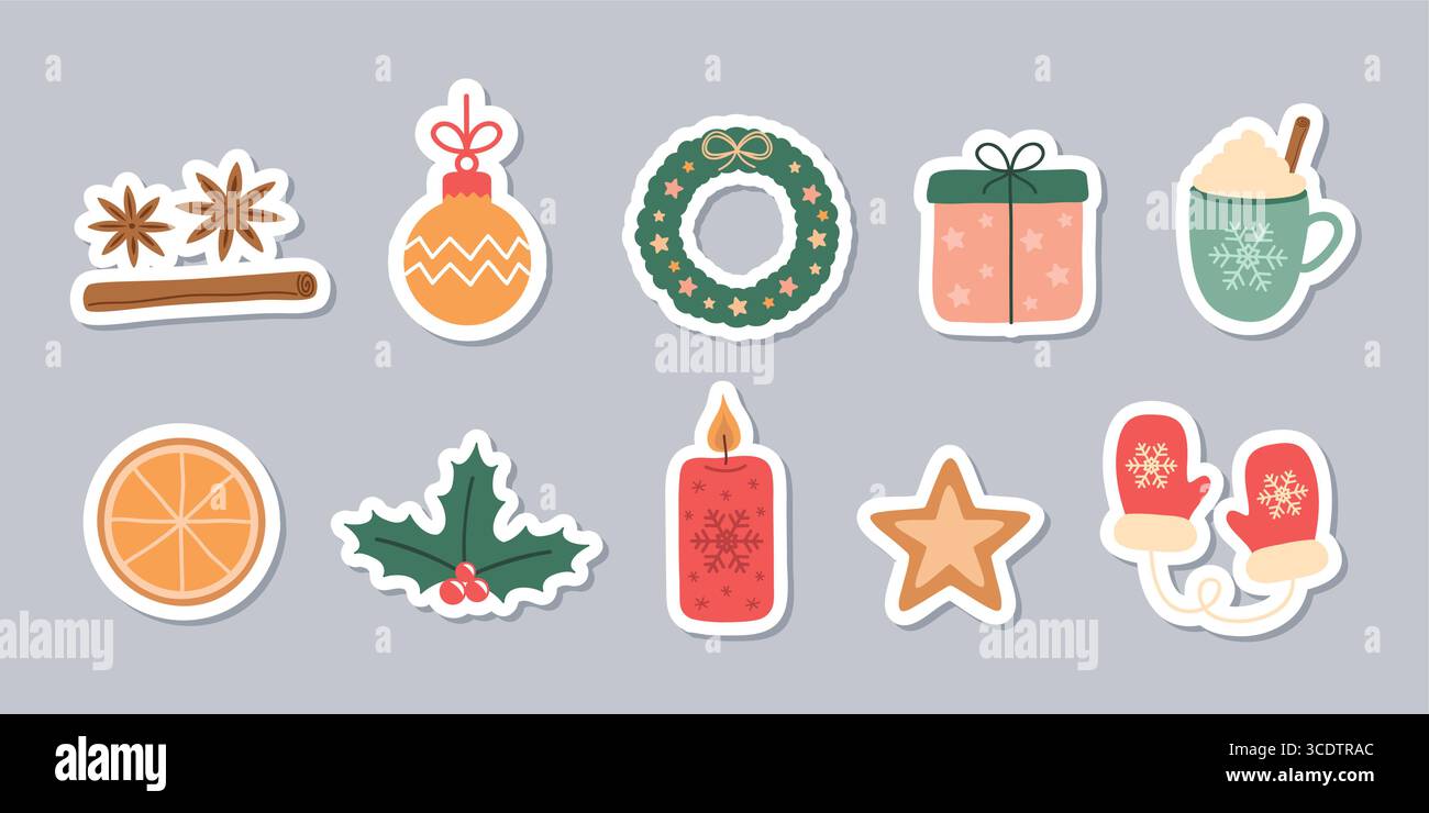 Satz von niedlichen weihnachtsdekoration Aufkleber isolierte Vektor-Illustration Stock Vektor