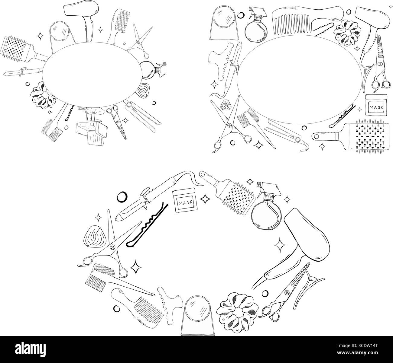 Friseurwerkzeuge, ovales Rahmenset. Illustration der grafischen Vektorgrafik für die Farbvorlage. Platzieren Sie Ihren Text, Logo Rahmen für Text mit einer Reihe von Schönheitsartikeln. F Stock Vektor