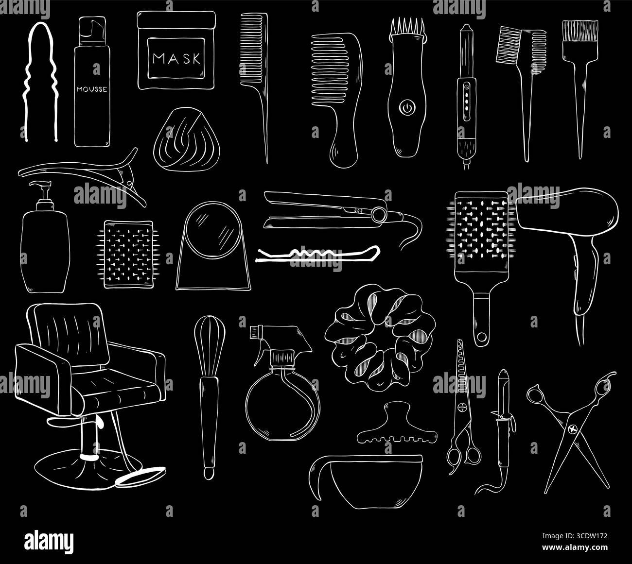 Friseur Utensilien Haarschnitt Friseur Einzelteile Set. Abbildung der grafischen Vektorfarbe. Enthält Symbol für Haarschneider, Friseurstange, Kamm, Rasierklinge Stock Vektor