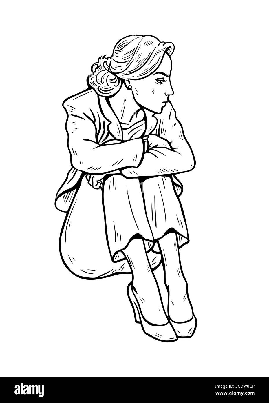 Schwarz-weiß Hand gezeichneter Vektor einer jungen Frau in einem Hosenanzug, der auf dem Boden sitzt und ihre Knie umarmt. Vorstellung von Depression, Einsamkeit und Emotio Stock Vektor