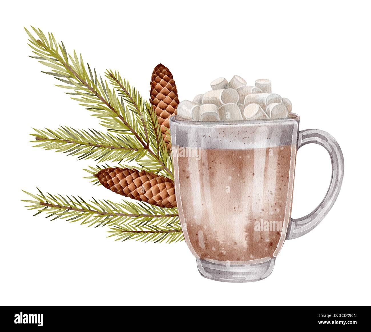 Handgezeichnete Aquarellillustration von heißer Schokolade mit Marshmallows, Tannenzweigen und Tannenzapfen auf weißem Hintergrund. Perfekt für Winterkarten, Urlaub Stockfoto