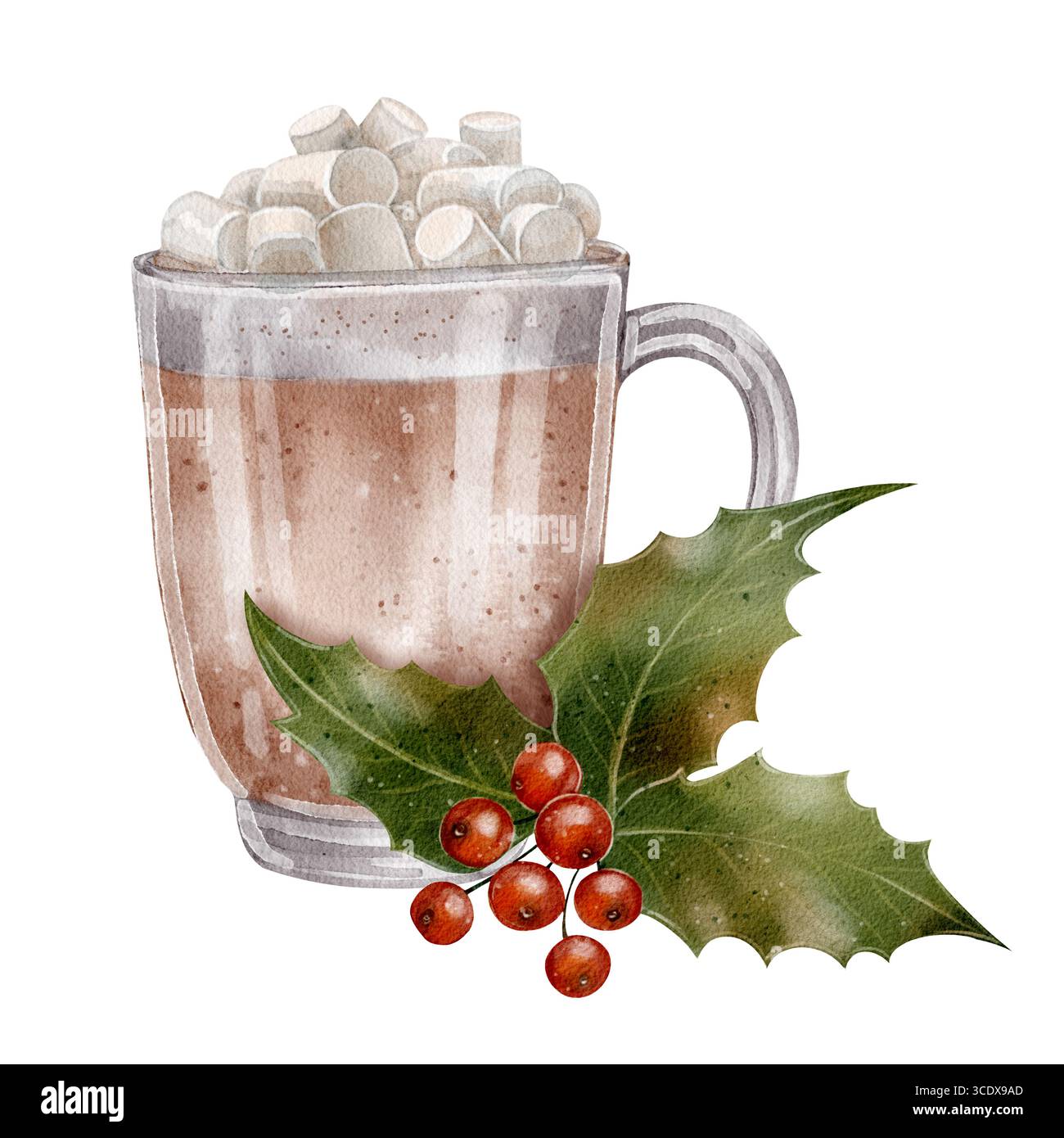 Heiße Schokolade in einem transparenten Becher mit Marshmallows und stechpalmenzweig. Aquarellzeichnung im festlichen Stil. Handgemalte Illustration auf weißem Hintergrund Stockfoto