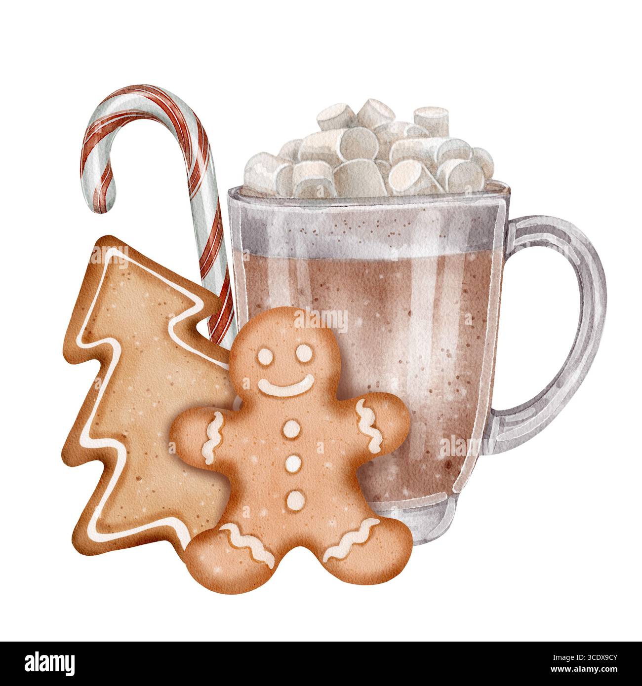 Handgezeichnete Aquarellillustration von heißer Schokolade mit Marshmallows, Zuckerrohr und Lebkuchenkeksen auf weißem Hintergrund. Perfekt für Urlaubswagen Stockfoto