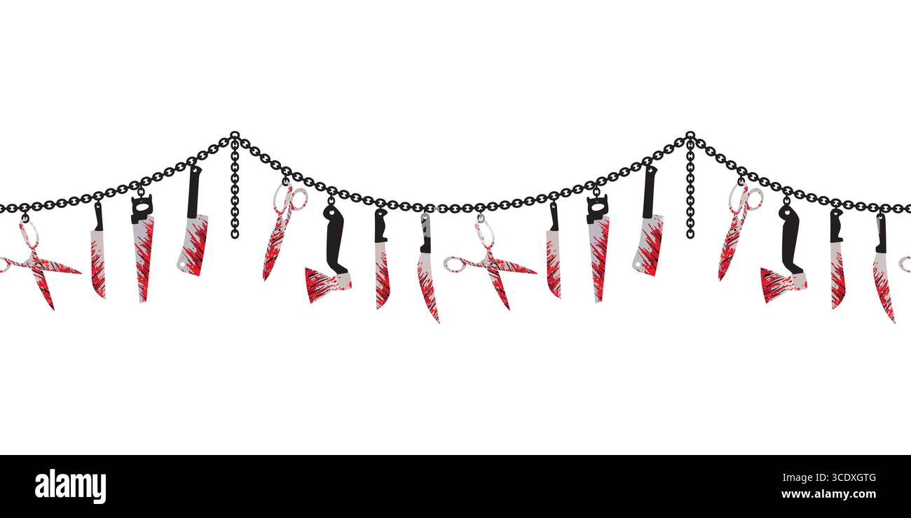 Halloween Zombie Vampire Party nahtlose Rand Vektor Muster. Blutiges Messer, Handsäge Cartoon Design Element. Halloween Horror Symbol Set isoliert. Stock Vektor
