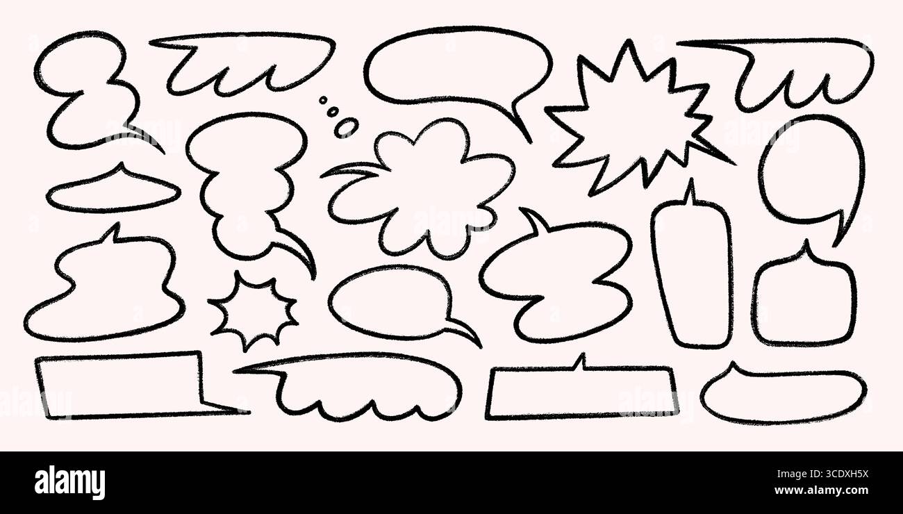 Buntstift-Sprechblasen und Comic-Textrahmen in Schwarz auf hellbeigem Hintergrund. Sprechblasen und Rahmen mit Kritzelkreideffekt. Perfekt für Stock Vektor