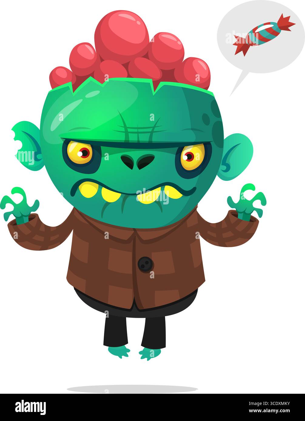 Comic lustiger grüner Zombie mit rosa Gehirnen außerhalb des Kopfes. Halloween Vektor Illustration isoliert. Stock Vektor