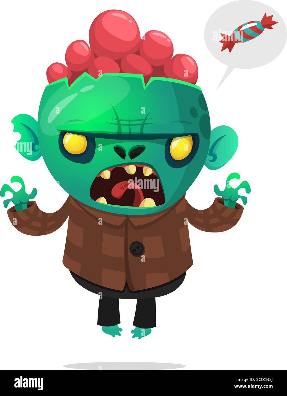 Comic lustiger grüner Zombie mit rosa Gehirnen außerhalb des Kopfes. Halloween Vektor Illustration isoliert. Stock Vektor