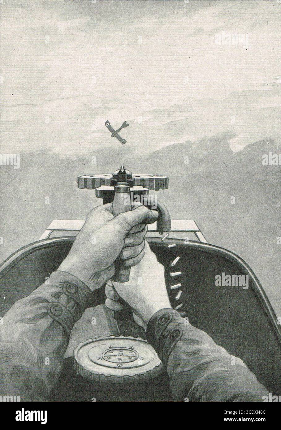 Ein Luftduell ist im Gange, britischer Beobachter mit einer automatischen Kanone gegen einen deutschen Albatros. Stockfoto