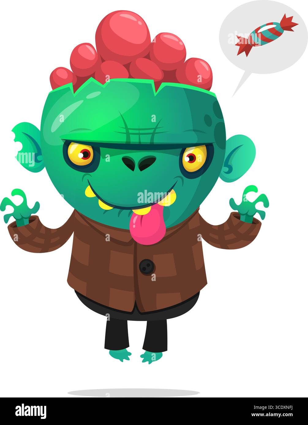 Comic lustiger grüner Zombie mit rosa Gehirnen außerhalb des Kopfes. Halloween Vektor Illustration isoliert. Stock Vektor
