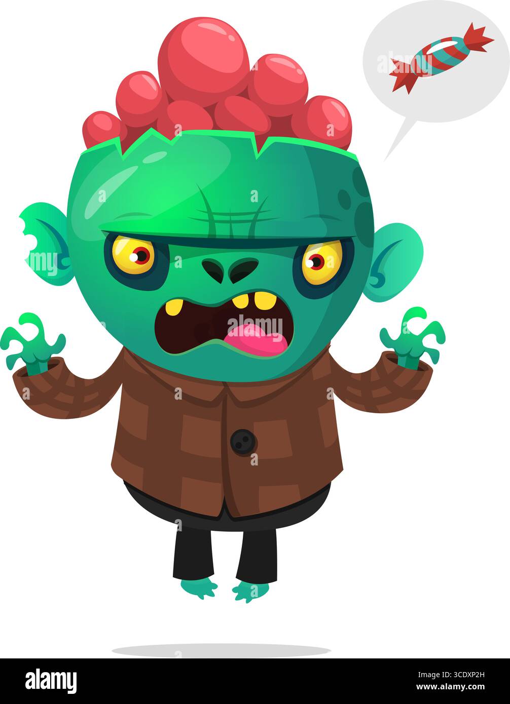 Comic lustiger grüner Zombie mit rosa Gehirnen außerhalb des Kopfes. Halloween Vektor Illustration isoliert. Stock Vektor
