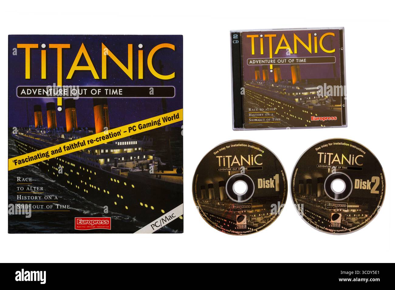 Titanic Adventure Out of Time Game Race, um die Geschichte auf einem Schiff aus der Zeit zu ändern, wobei Discs isoliert auf weißem Hintergrund entfernt wurden Stockfoto