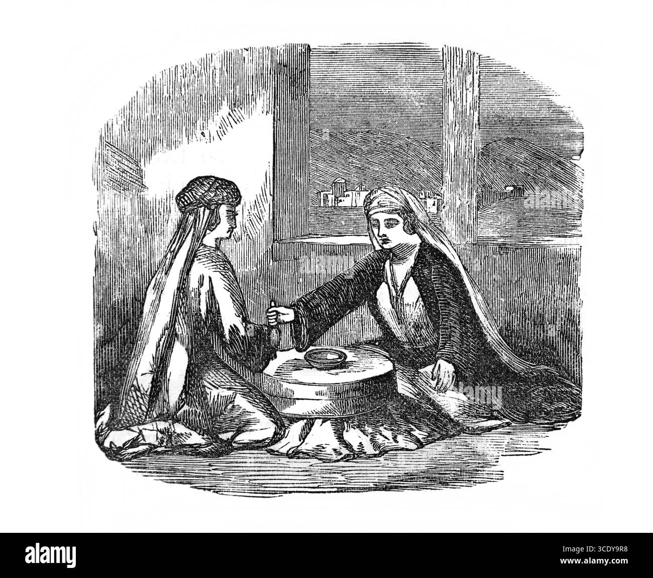 Illustration des Evangeliums von Lukas XVII. 35 'zwei Frauen, die Mais schleifen, eine wird genommen werden, die andere wird übrig bleiben' aus dem antiken 19. Jahrhundert die Heilige Bibel c Stockfoto