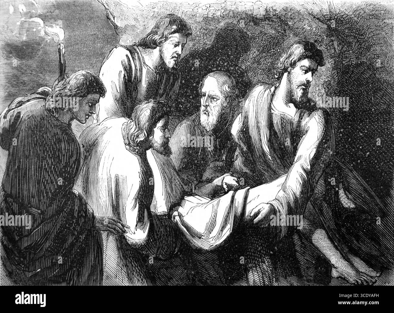 Illustration des Begräbnisses von Johannes dem Täufer (Matthäus), dessen Schüler seinen Körper trugen, um in Sebastia Palästina aus dem antiken 19. Jahrhundert begraben zu werden Stockfoto