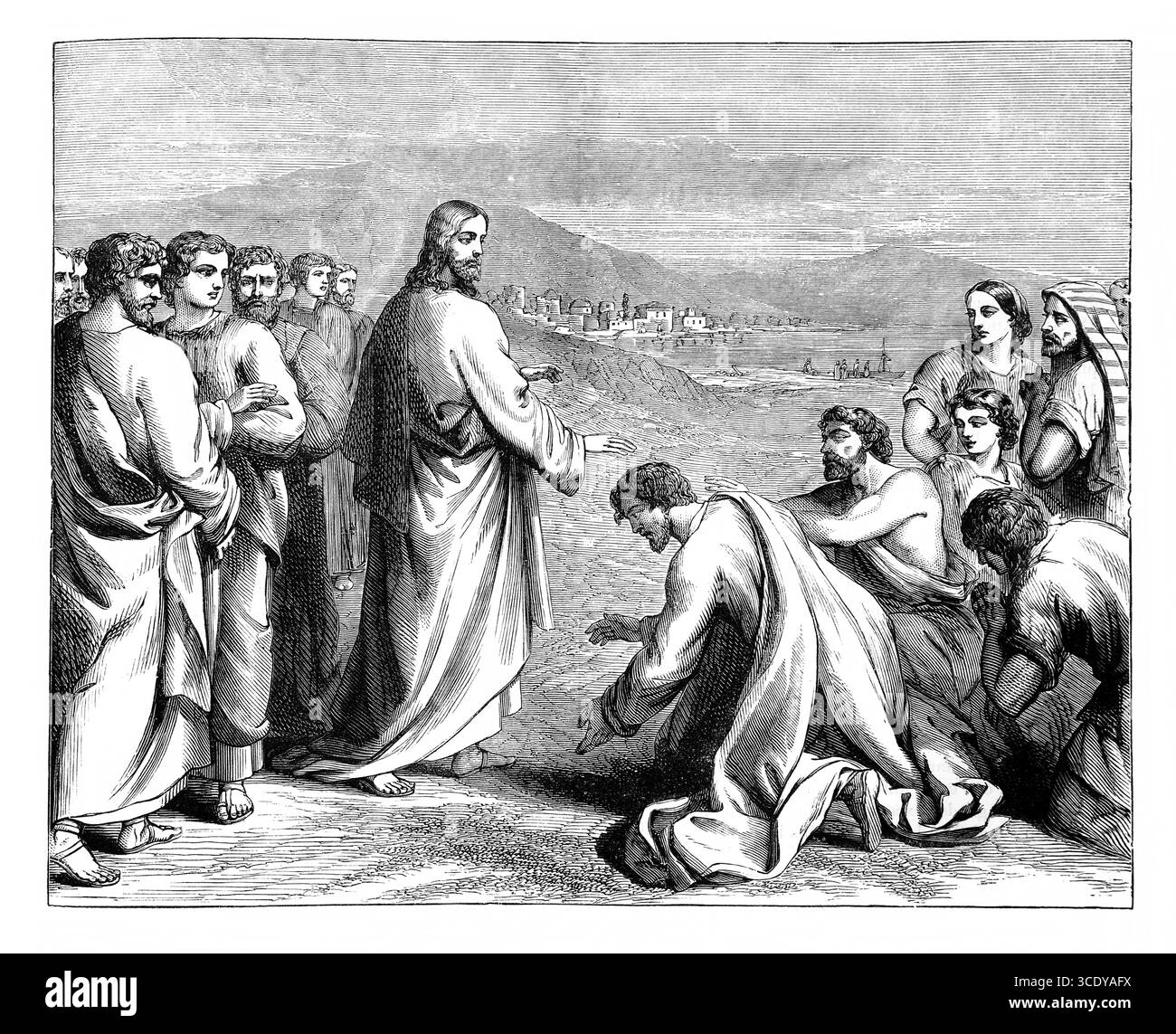 Illustration der unreinen Geister, die vor Christus fallen, „ausrufen, dass du der Sohn Gottes bist“ Jesus Christus sagt ihnen, dass sie ihn nicht kundtun sollen (Markus Stockfoto