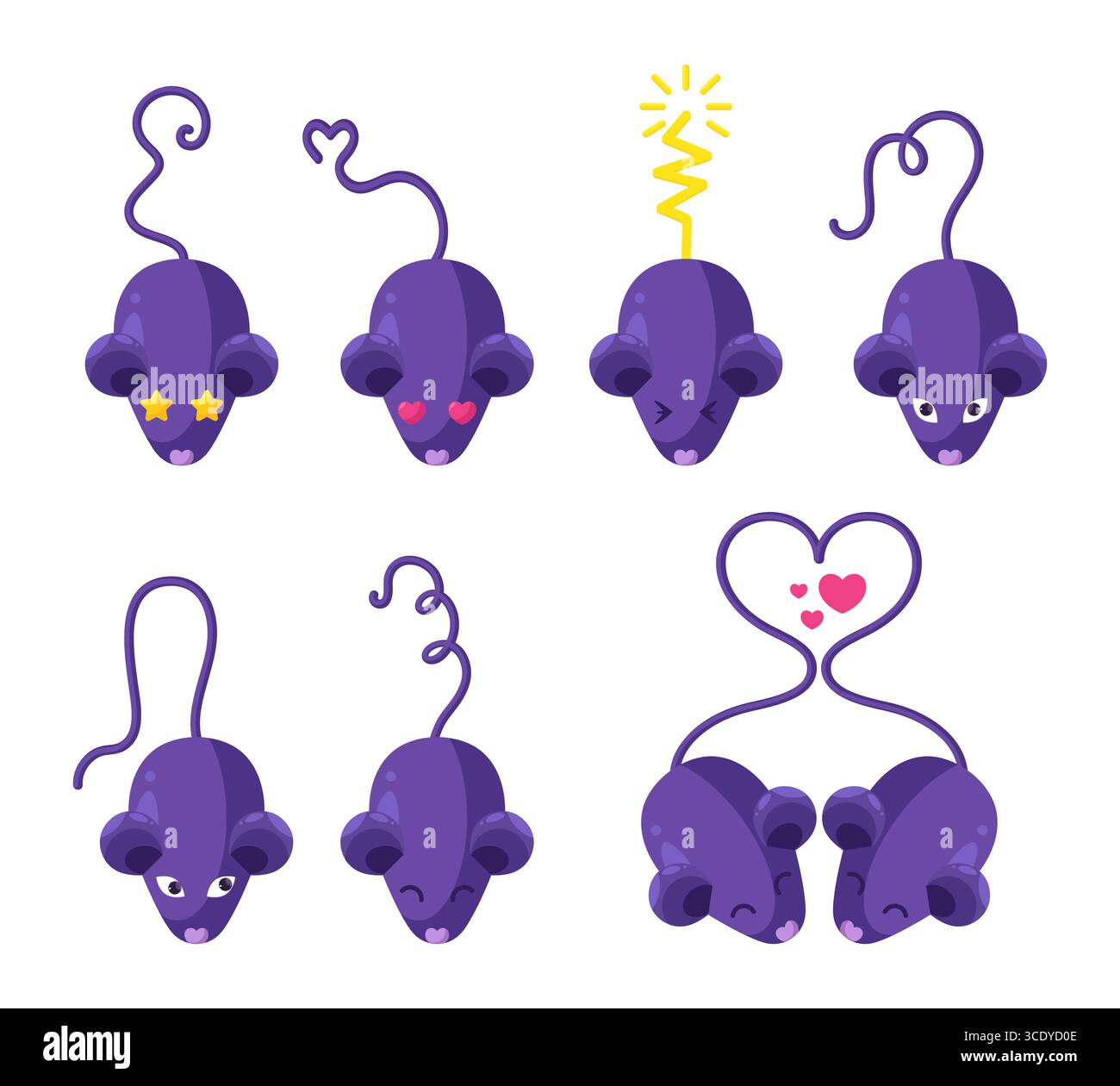 Satz von Mäusezeichen in flacher Form. Mäuse- oder Rattenmaskottchen-Emoji-Sammlung. Spielzeug-Maus. Vektorabbildung Stock Vektor