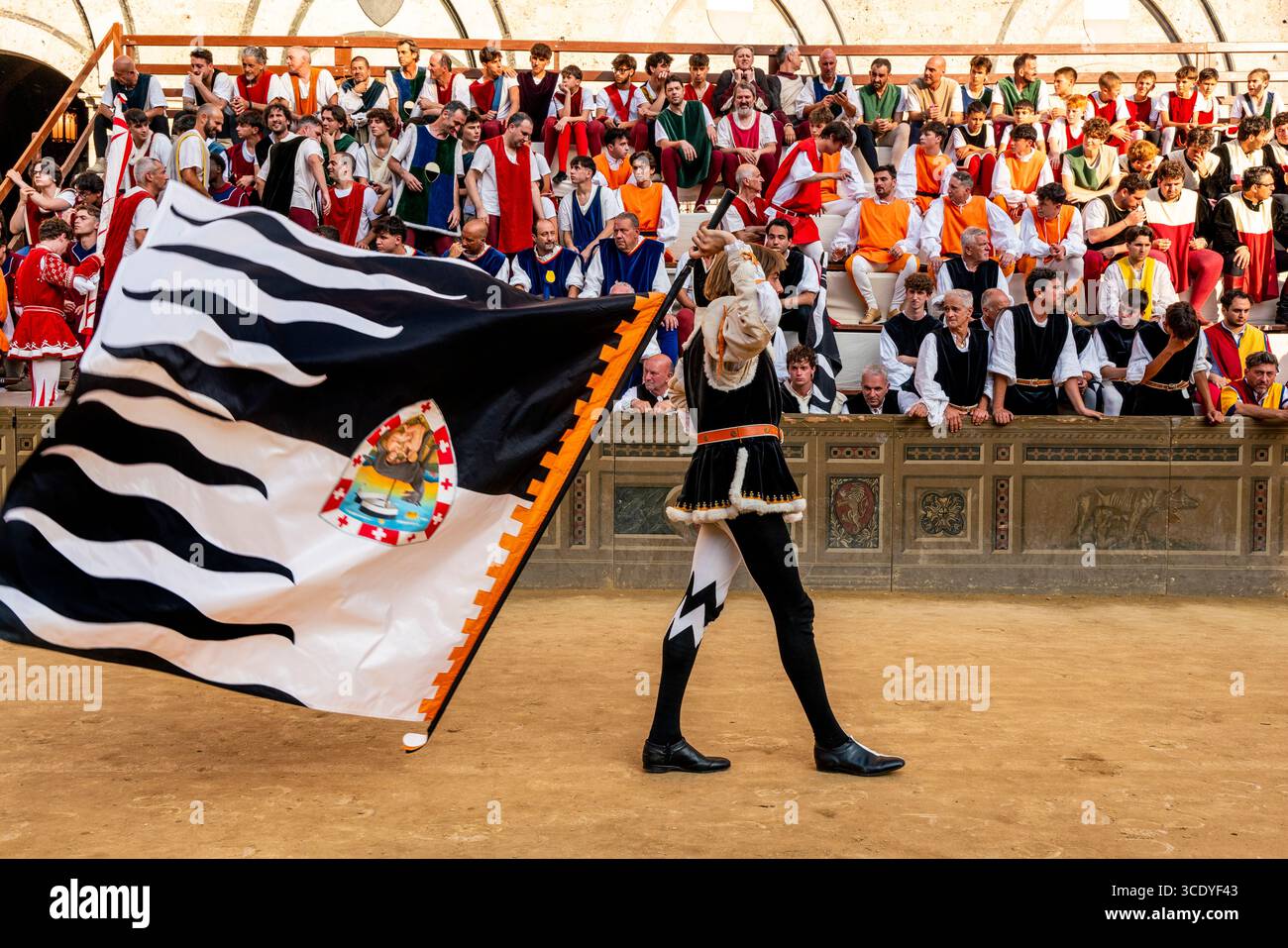 Ein junger Mann aus der Lupa Contrada zeigt seine Fahnenwinkelfähigkeiten auf der Piazza als Teil der historischen Prozession, der Palio, Siena, Italien. Stockfoto