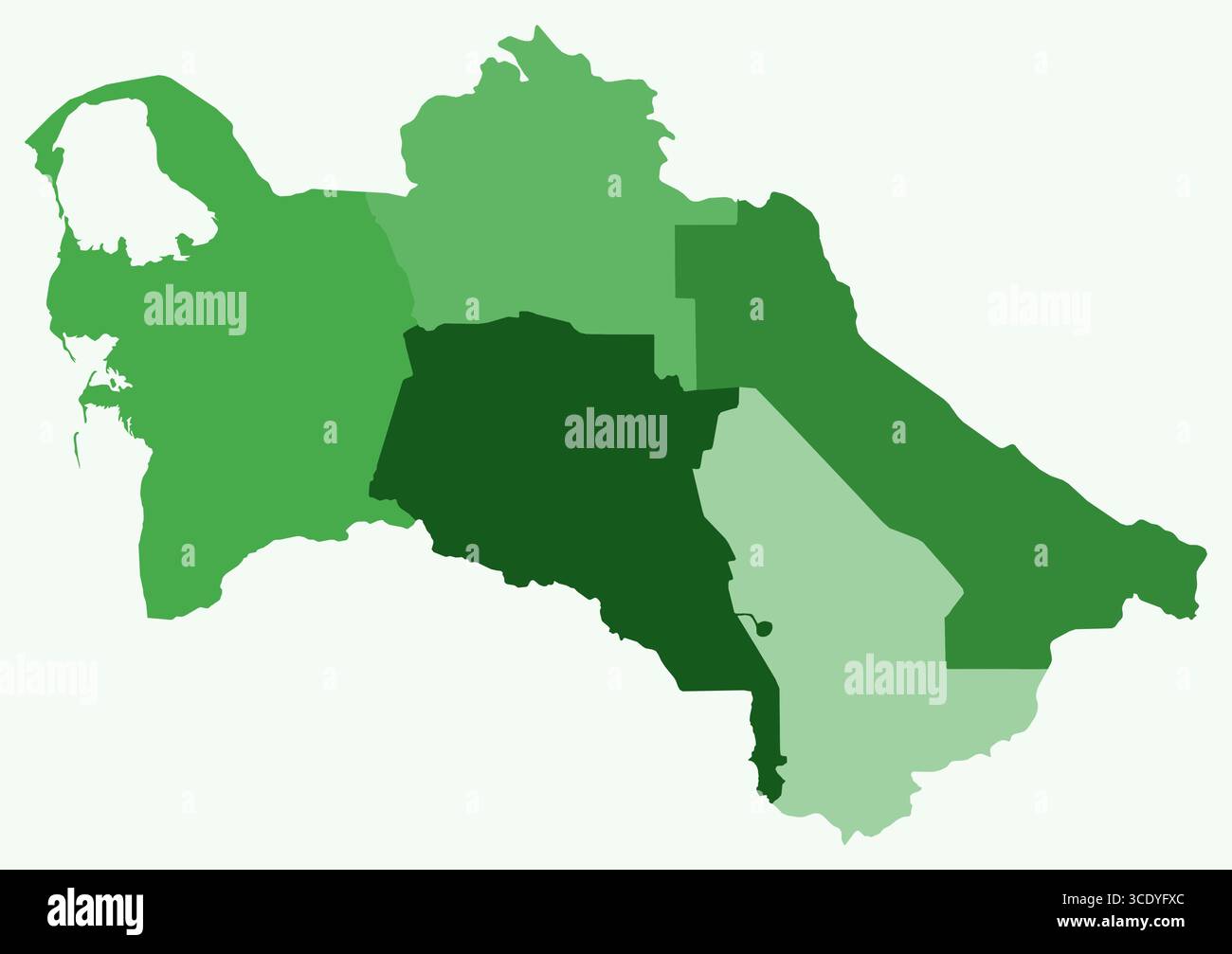 Karte von Turkmenistan mit Regionen. Eine einfache Ländergrenzkarte mit Gebietsaufteilung. Grüne Farbpalette. Stock Vektor