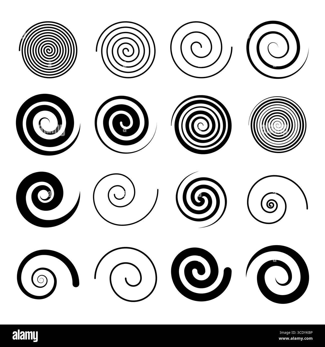 Set von Elementen für Spiralmuster. Jedes Design bietet einen unverwechselbaren visuellen Effekt, perfekt für abstrakte Kunst, Hintergründe, Dekorationen und Logos. Stock Vektor