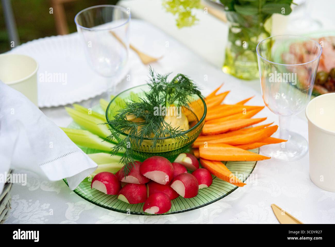 Eine lebendige Auswahl an frischem Gemüse, darunter Karotten, Radieschen und Sellerie, umgibt einen cremigen Dip, garniert mit Dill. Perfekt für eine Gartenparty Stockfoto