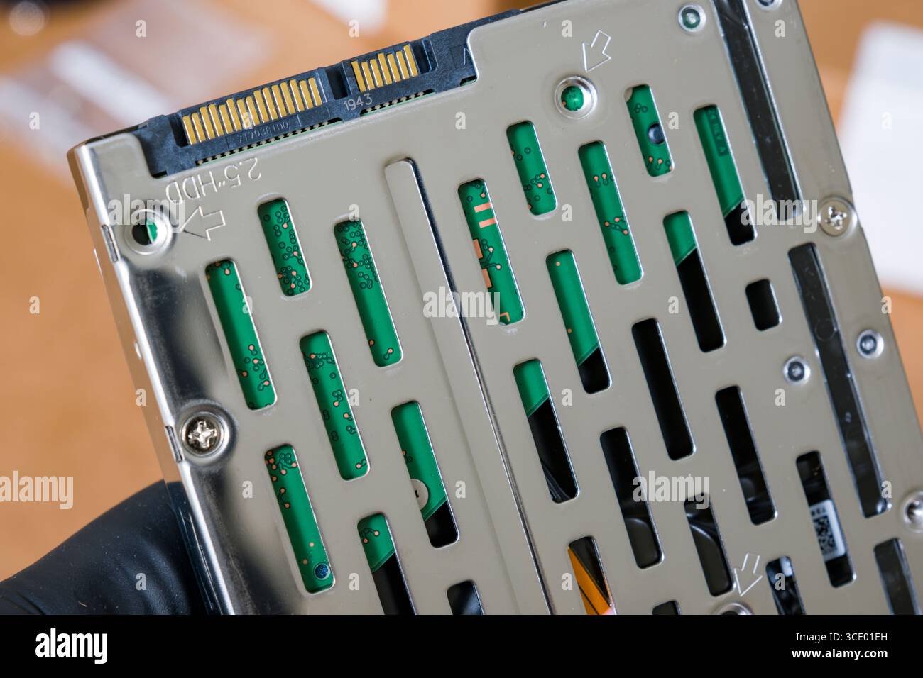 Nahaufnahme der seriellen ATA-Computer-Bus-Schnittstelle der Computer-Festplatte, die in einem NAS-Festplatteneinschub installiert ist, USA Stockfoto