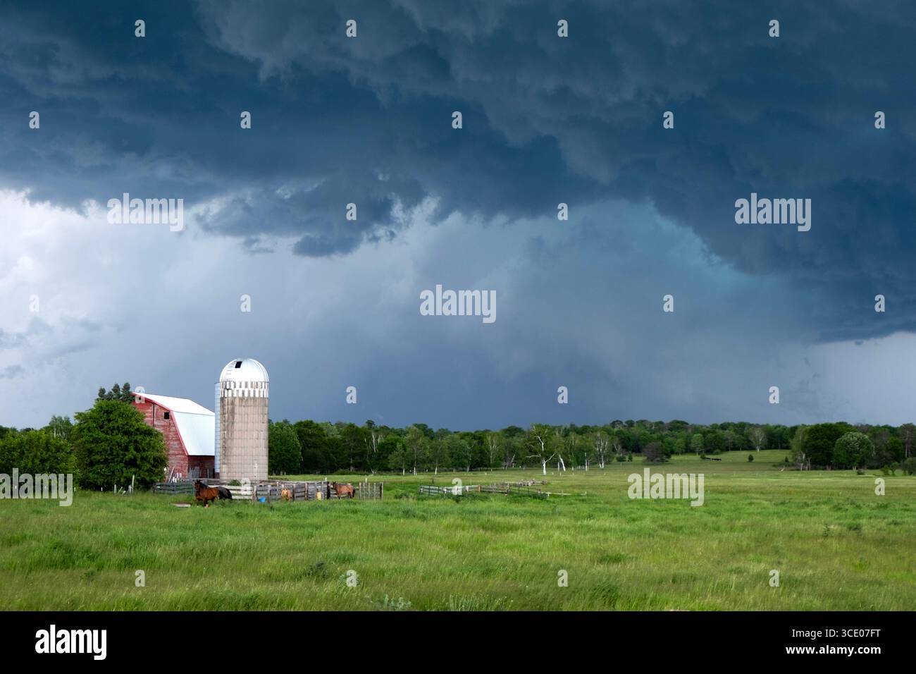 Dramatische schwere Gewitter über einer Scheune und einem Silo im ländlichen Cass County, Minnesota Stockfoto