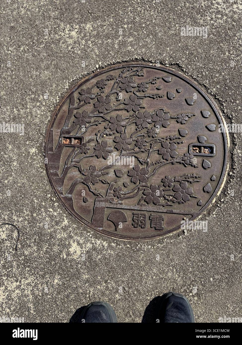 Kirschblüten-Mannloch-Abdeckung auf dem Bürgersteig in Tokio Japan Stockfoto