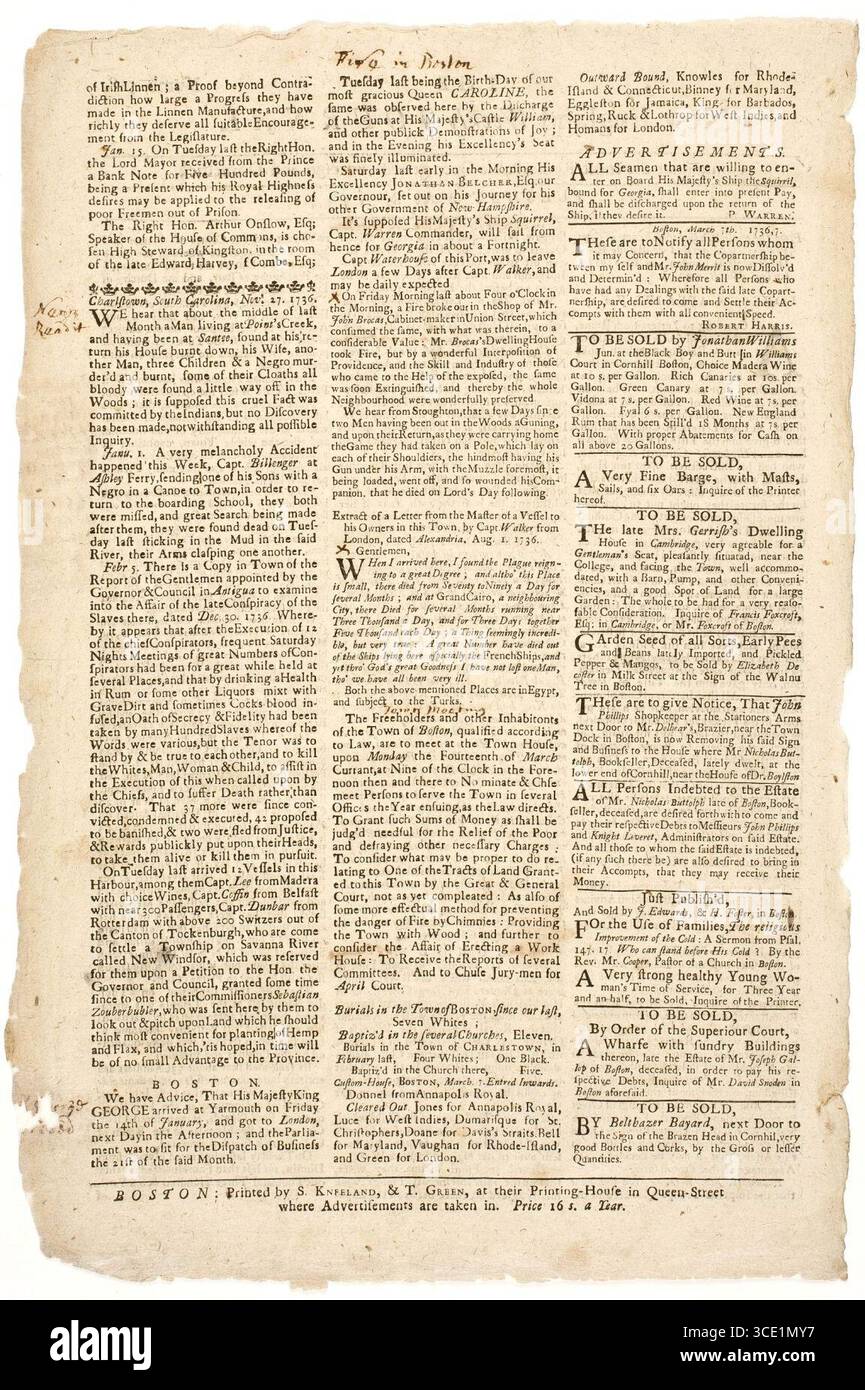 New England Weekly Journal, 8. März 1737, S. 2. Stockfoto