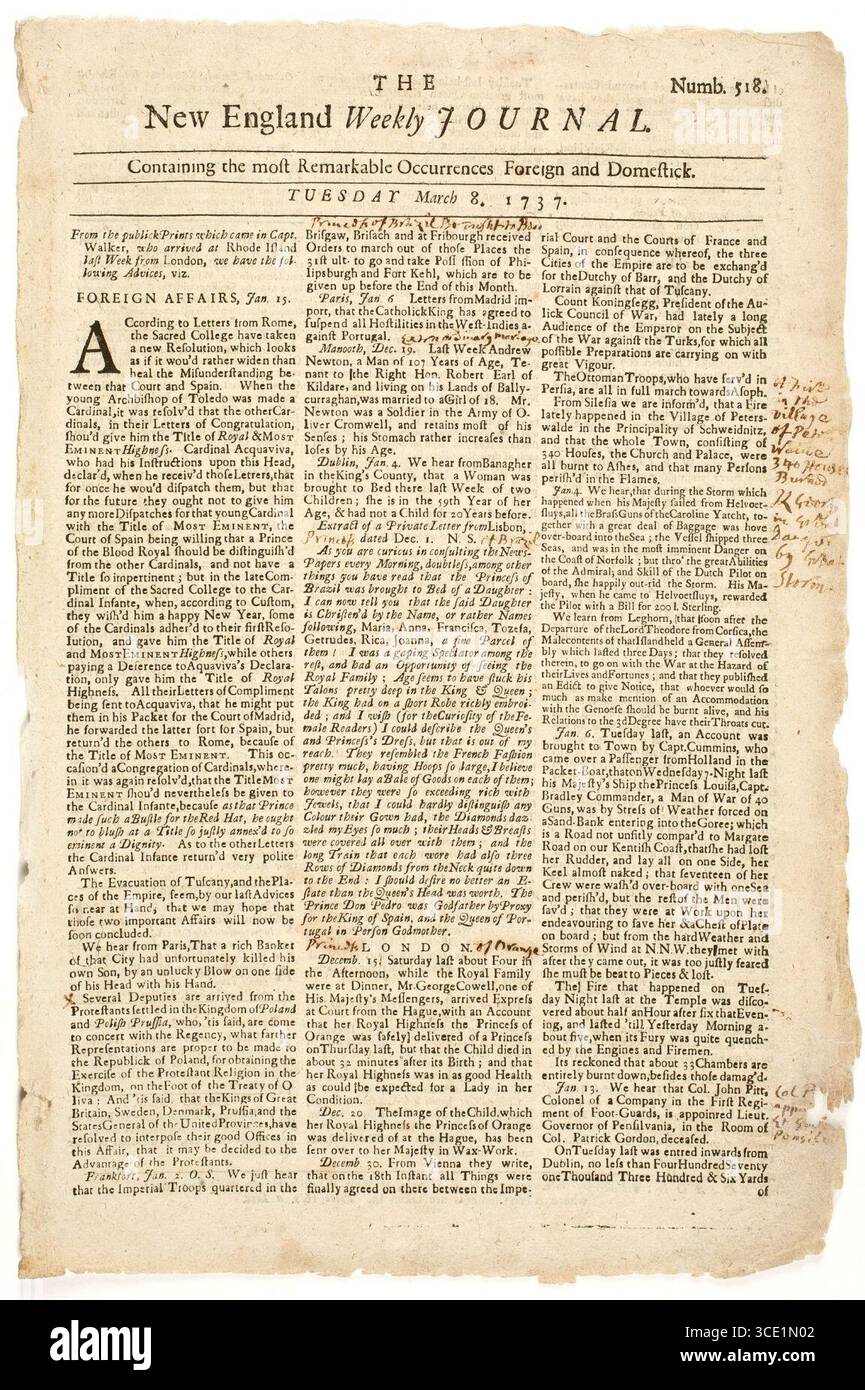New England Weekly Journal, 8. März 1737, S. 1. Stockfoto