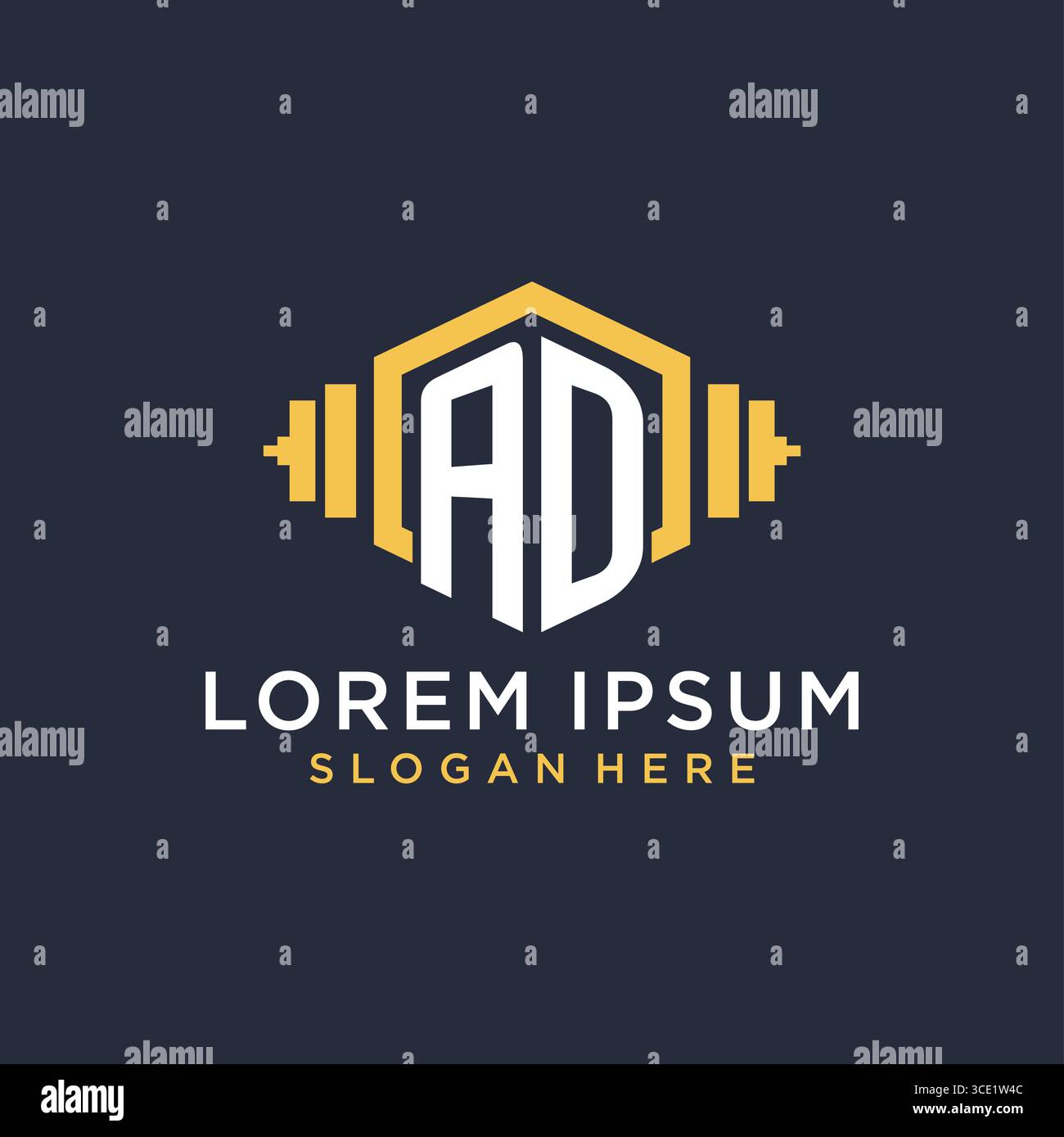 Anfängliches AD-Logo-Design für Fitnesscenter mit kreativer Kurzhantel-Vektorgrafik im geometrischen Stil Stock Vektor