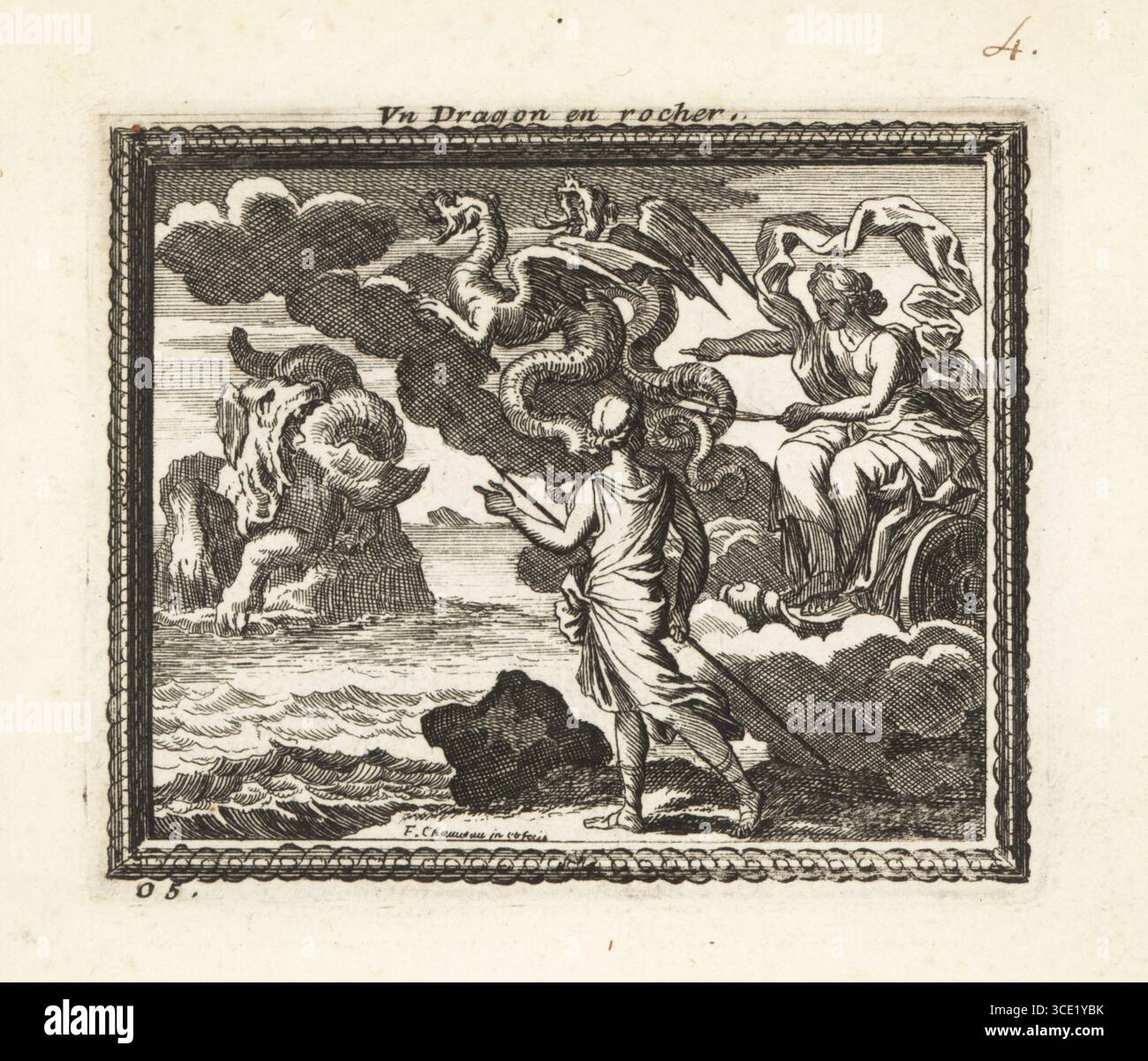 Medea entdeckt auf ihren Reisen einen Drachen, der in Stein verwandelt wurde. Die Hexe Medea fährt auf einem Wagen, der von zwei Drakonen, Drachen oder Schlangen gezogen wurde. UN Dragon en rocher. Kupferstich von Francois Chauveau aus Metamorphoses d’Ovide en Rondeaux, Ovid’s Metamorphoses, chez Audran, Paris, 1676. Stockfoto